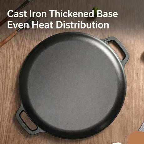 Large Double Handle Cast Iron Griddle Plate, Uncoated Thick Iron Pan for Big Batch Steak & BBQ Cooking, 42cm Griddle, Indoor & Outdoor Use, Christmas & Halloween Holiday Cookware Gift