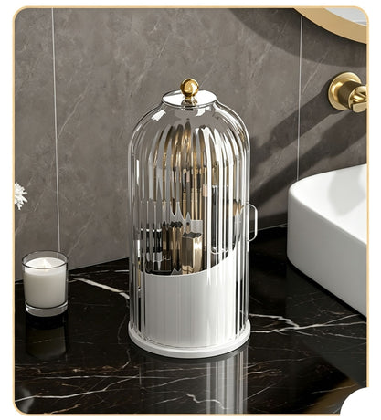 Rotating Birdcage Multi-use Storage Caddy, Dustproof Divided Organiser for Cosmetics, Cutlery, Toothbrushes & Stationery, Transparent White, 2 Pack, Christmas & Halloween Housewarming Gift