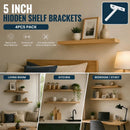 5" White Hidden T Shelf Bracket 4Pcs w/ 5x60&5x80 Screws