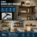 5" Black Hidden T Shelf Bracket 6Pcs w/ 5x60&5x80 Screws