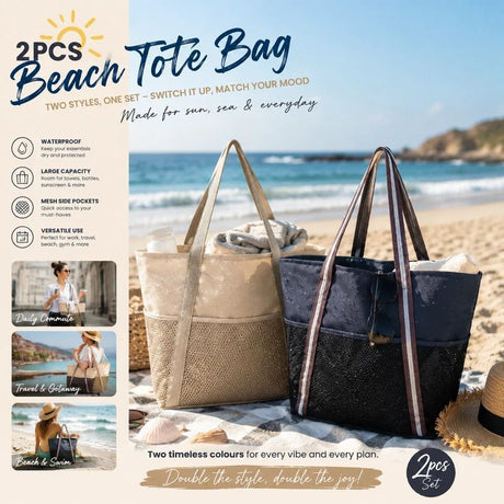 Dark Grey & Beige Waterproof Beach Tote 2 Pack Swim Travel Handbags