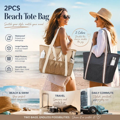 Dark Grey & Brown Large Capacity Beach Handbag Combo 2Pcs
