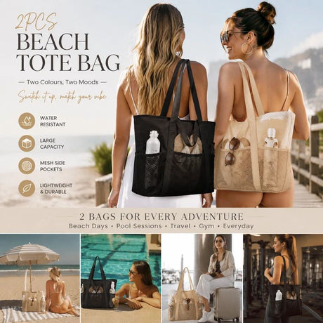 Beige & Solid Black Outdoor Travel Beach Handbag Twin Pack