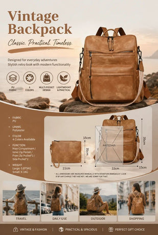 Two-Tone Brown Grain Ladies Vintage Backpack Set Large Travel Shoulder Bag