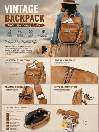 Black Retro European Style Women Backpack Multi Pocket Large Daily Bag