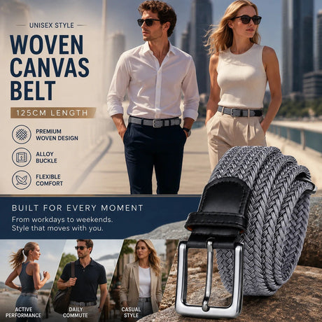 Grey Stretch Woven Canvas Trouser Belt 125cm Unisex Adjustable Golf Strap
