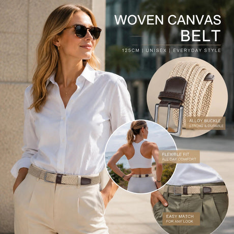 Khaki Woven Elastic Golf Belt 125cm Stretch Canvas Unisex Trouser Strap