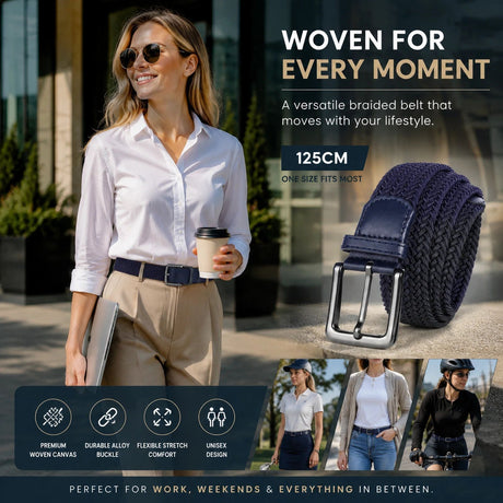 Navy Blue 125cm Canvas Waist Belt Elastic Woven Stretch Fashion Golf Strap
