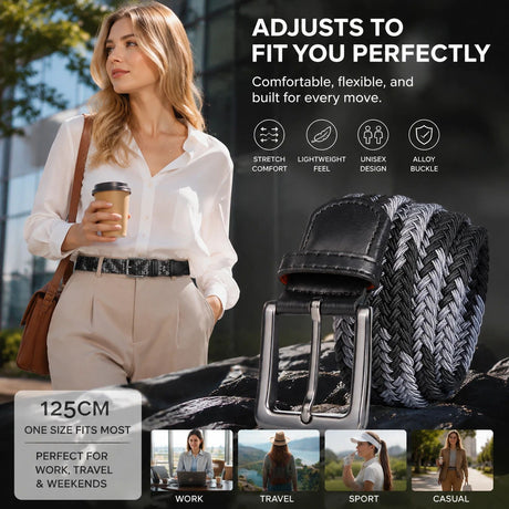 Double Black Grey Canvas Waist Strap 125cm Elastic Stretch Unisex Golf Belt