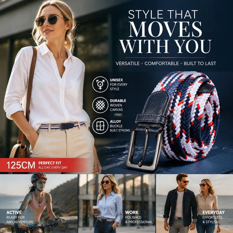 Blue White Red Tri-color Woven Golf Belt 125cm Elastic Stretch Canvas Strap