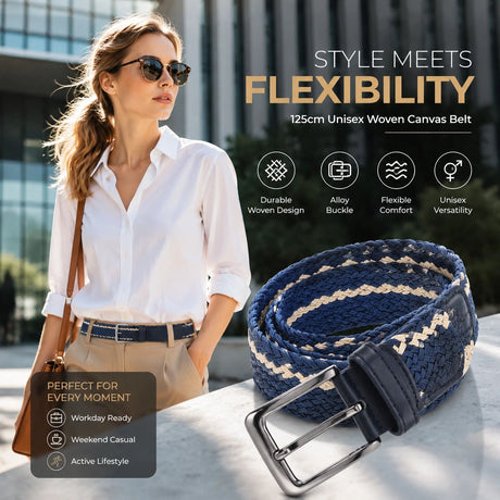 Double Blue Khaki Elastic Canvas Golf Belt 125cm Woven Stretch Trouser Strap