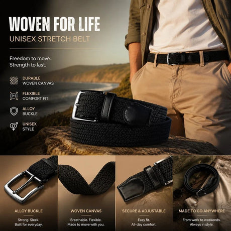 Green Black Color Block Canvas Golf Belt 125cm Elastic Stretch Woven Strap
