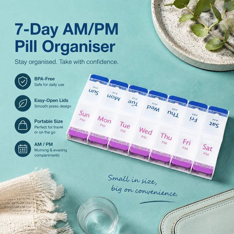 Portable Press 14 Compartment Pill Box Double Row Weekly Medicine Organiser 1Pc