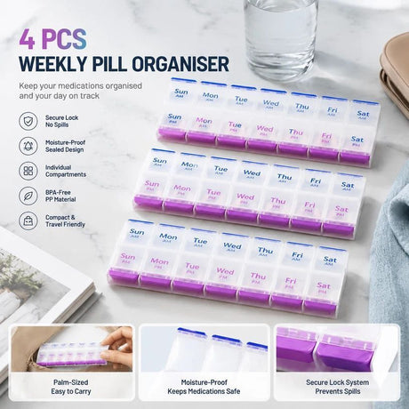 Double Row 14 Compartment Weekly Pill Container Portable Press Medicine Box 4Pcs