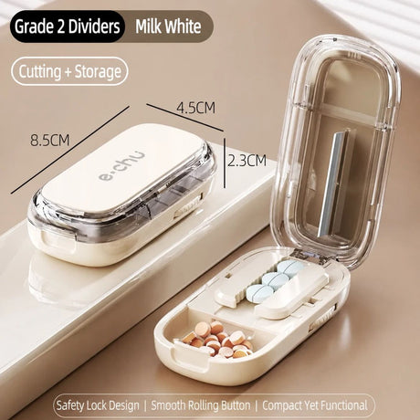 2pcs Cream White Pill Box with 1/2 Pill Cutter