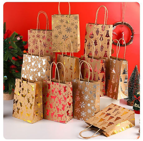 20Pcs Christmas Kraft Gift Bags, Red Gold Hot Stamping Snowflake, 15×8×21cm