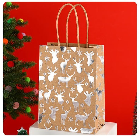 20Pcs Christmas Kraft Gift Bags, Silver Hot Stamping Reindeer, 15×8×21cm