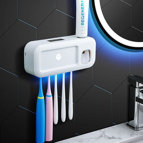 White Smart UV Sterilization Set, No-Drilling Wall-Mounted Toothbrush Organizer & Electric Toothbrush Sanitizer