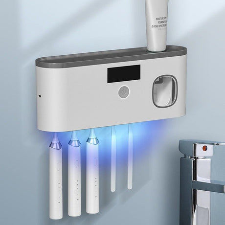 Gray Smart UV Sterilization Set, No-Drilling Wall-Mounted Toothbrush Organizer & Electric Toothbrush Sanitizer