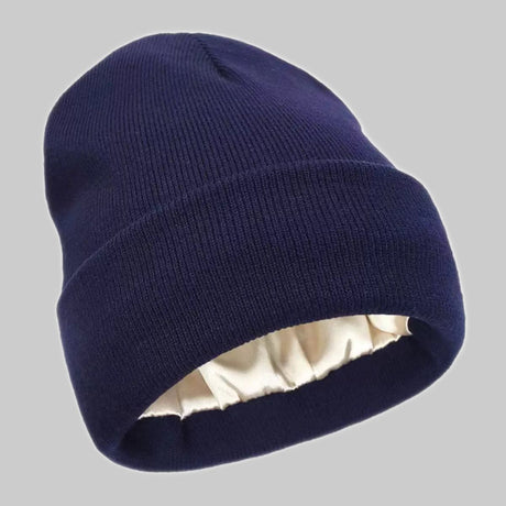 2Pcs Winter Thick Knit Beanie with Satin Lining, Fleece Warm Skull Cap for Men Women-Navy blue 02