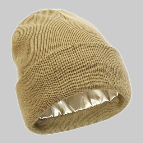 2Pcs Winter Thick Knit Beanie with Satin Lining, Fleece Warm Skull Cap for Men Women-khaki 04
