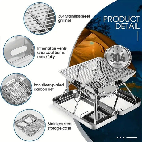 304 Stainless Steel Portable Folding BBQ Grill with Storage Tray for Outdoor Camping Picnics Beach and Backyard