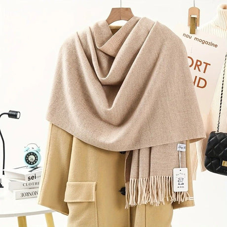 Solid Color Cashmere Wrap Scarf, Thickened for Warmth and Windproof, Bohemian-Style Winter Wardrobe Essential(hide powder)