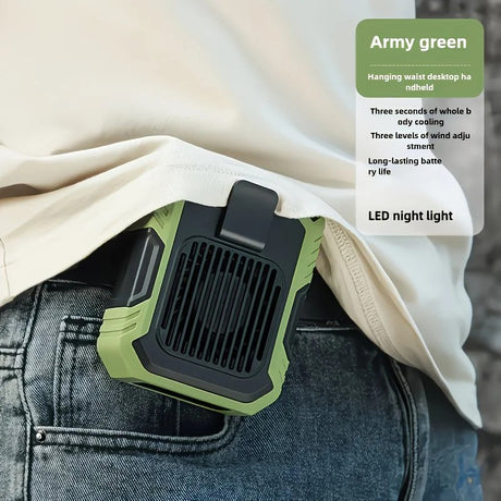 Wall-mounted USB rechargeable dual-purpose fan, integrating rapid cooling, dehumidification, and lighting functions. Features three-speed wind adjustment, can be worn on the waist via a hanging strap, with quiet operation, GREEN