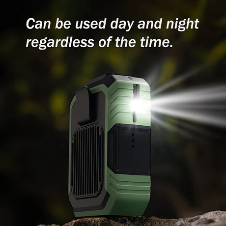 Wall-mounted USB rechargeable dual-purpose fan, integrating rapid cooling, dehumidification, and lighting functions. Features three-speed wind adjustment, can be worn on the waist via a hanging strap, with quiet operation, GREEN