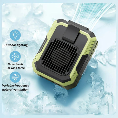 Wall-mounted USB rechargeable dual-purpose fan, integrating rapid cooling, dehumidification, and lighting functions. Features three-speed wind adjustment, can be worn on the waist via a hanging strap, with quiet operation, GREEN