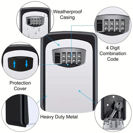 Household Wall-Mounted Key Box, Waterproof Secure Key Lockbox with Combination Lock, Large-Capacity Outdoor Key Safe for Storing Spare House Keys.BLACK