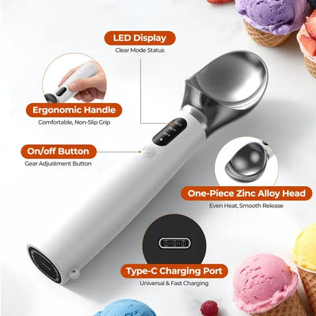Rechargeable Smart Heated Ice Cream Scoop, 3 Temperature Settings for Quick Scooping, Zinc Alloy Head with Silicone Handle, Type-C Charging, Essential Home Dessert Tool./PINK