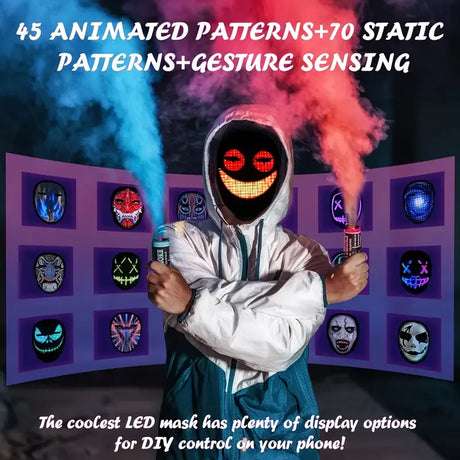 Smart LED Gesture-Sensing Light-Up Mask, 45 Dynamic + 70 Static Patterns, Party Atmosphere Essential / Battery-Powered Version