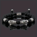 silver Leopard Print Men's Bracelet: Polished Black Stone Beads with Inlaid Diamond Leopard Head, 175-200mm Adjustable, Embodying Wild and Sophisticated Wrist Fashion.