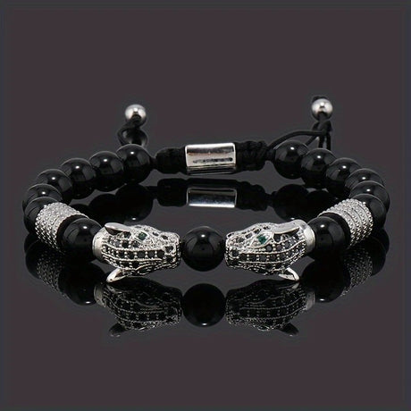 silver Leopard Print Men's Bracelet: Polished Black Stone Beads with Inlaid Diamond Leopard Head, 175-200mm Adjustable, Embodying Wild and Sophisticated Wrist Fashion.