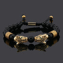 silver Leopard Print Men's Bracelet: Polished Black Stone Beads with Inlaid Diamond Leopard Head, 175-200mm Adjustable, Embodying Wild and Sophisticated Wrist Fashion.