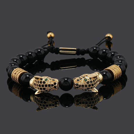 silver Leopard Print Men's Bracelet: Polished Black Stone Beads with Inlaid Diamond Leopard Head, 175-200mm Adjustable, Embodying Wild and Sophisticated Wrist Fashion.