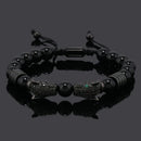 silver Leopard Print Men's Bracelet: Polished Black Stone Beads with Inlaid Diamond Leopard Head, 175-200mm Adjustable, Embodying Wild and Sophisticated Wrist Fashion.
