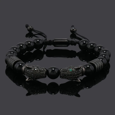 silver Leopard Print Men's Bracelet: Polished Black Stone Beads with Inlaid Diamond Leopard Head, 175-200mm Adjustable, Embodying Wild and Sophisticated Wrist Fashion.