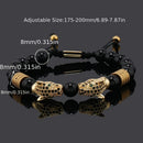 silver Leopard Print Men's Bracelet: Polished Black Stone Beads with Inlaid Diamond Leopard Head, 175-200mm Adjustable, Embodying Wild and Sophisticated Wrist Fashion.