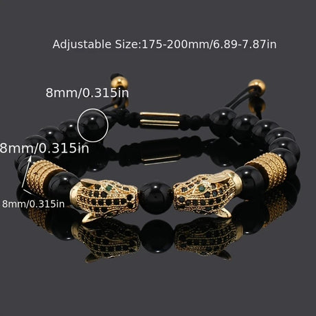 silver Leopard Print Men's Bracelet: Polished Black Stone Beads with Inlaid Diamond Leopard Head, 175-200mm Adjustable, Embodying Wild and Sophisticated Wrist Fashion.