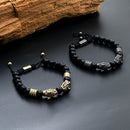 silver Leopard Print Men's Bracelet: Polished Black Stone Beads with Inlaid Diamond Leopard Head, 175-200mm Adjustable, Embodying Wild and Sophisticated Wrist Fashion.