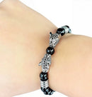 silver Leopard Print Men's Bracelet: Polished Black Stone Beads with Inlaid Diamond Leopard Head, 175-200mm Adjustable, Embodying Wild and Sophisticated Wrist Fashion.