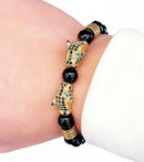 silver Leopard Print Men's Bracelet: Polished Black Stone Beads with Inlaid Diamond Leopard Head, 175-200mm Adjustable, Embodying Wild and Sophisticated Wrist Fashion.