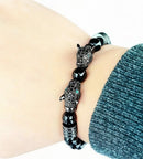 silver Leopard Print Men's Bracelet: Polished Black Stone Beads with Inlaid Diamond Leopard Head, 175-200mm Adjustable, Embodying Wild and Sophisticated Wrist Fashion.