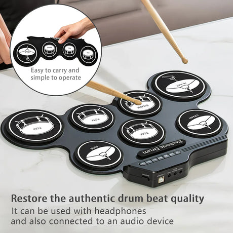 Portable Roll-Up Electronic Drum: Seven Pads with Realistic Feel, Silent Practice, Foldable and Easy to Carry Anywhere