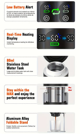 Portable 20Bar High - Pressure Extraction Coffee Machine, 80ml Stainless Steel Water Tank + Foldable Stand, Low - Battery Alert & Real - Time Temperature Control, Enjoy Barista - Quality Coffee on the Go, at Office or While Driving,Grey