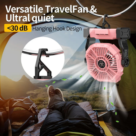 2-in-1 Portable Fan & Light, Quiet & Cool for Outdoor Use  black