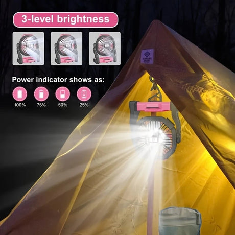 PINK 2-in-1 Portable Fan & Light, Quiet & Cool for Outdoor Use