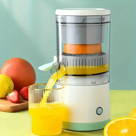 New portable USB juicer, powered by a rechargeable lithium battery, extracts juice from oranges, lemons, watermelons, grapes, and other juicy fruits with the press of a button, efficiently separating pulp residue—a versatile kitchen and travel helper.